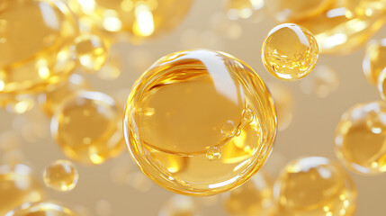 Gold liquid drops of oil or collagen serum isolated 3d render icon set. Yellow fluid cosmetic spheres, vitamin essence or hyaluronic acid bubbles, clear beauty skincare product balls