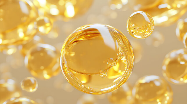 Gold liquid drops of oil or collagen serum isolated 3d render icon set. Yellow fluid cosmetic spheres, vitamin essence or hyaluronic acid bubbles, clear beauty skincare product balls