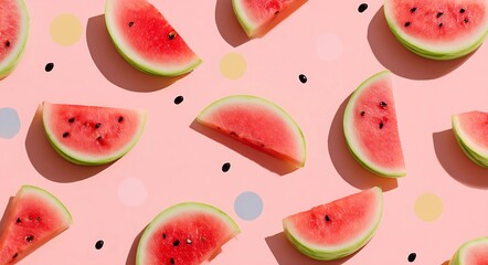 Top view minimalist flat lay of watermelon slices in geometric formation on pastel background, highlighting fresh and healthy summer fruit