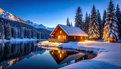 Fototapeta premium Winter cabin snow trees lake mountain reflection night