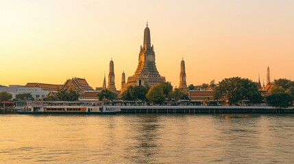Fototapeta premium View of Wat Arun from private river cruise deck during golden hour