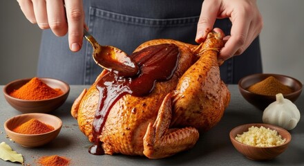 Female preparing seasoned roasted chicken with sauce and spices on gray countertop