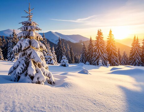 Winter landscape snow trees mountain sunlight scene