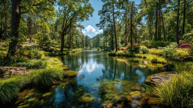 A beautiful, tranquil forest scene shows clear water reflecting tall trees and vibrant greenery under a bright sky. Various plants surround the peaceful water body.