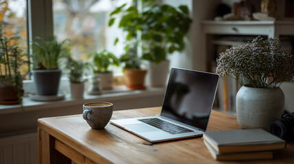 Cozy Home Workspace Featuring Laptop Plants and Coffee Cup  Promoting Work Life Balance and Serene Atmosphere