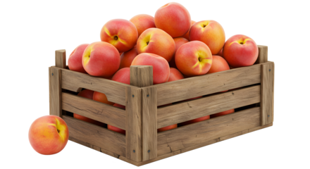 Rustic fruit crate filled to the top with vibrant peaches, blush red and golden yellow, on an isolated transparent backdrop, evoking freshness, orchard harvests, and natural farming themes.