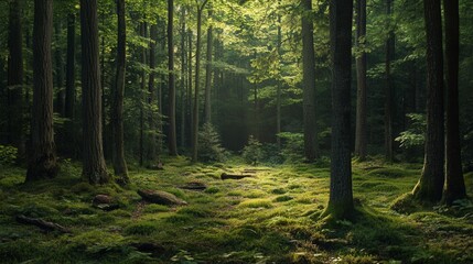 Obraz premium Serene Forest Scene with Lush Greenery and Sunlight Filtering Through Trees