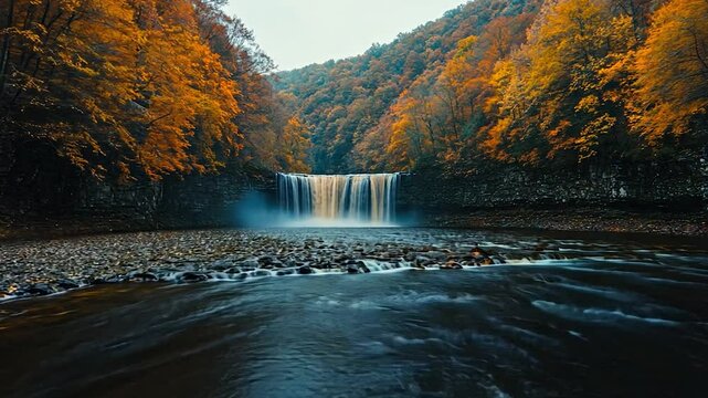 Autumn Waterfall Serenity: A Breathtaking Cascade