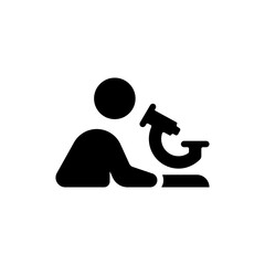 A scientist doing research with a microscope icon. Simple people iconography illustration in black and white colors