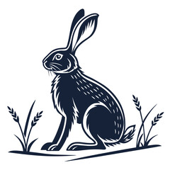 Elegant Silhouette of a Hare Sitting Amidst Wheat Stalks on White Background