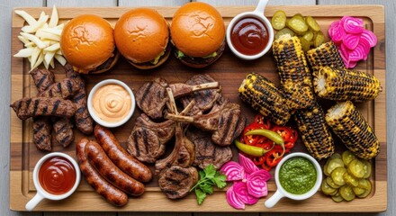 Grilled meat platter with burgers, sausages, lamb chops, corn, and pickles on wooden board