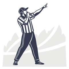 Referee with Microphone, Wearing Striped Shirt and Baseball Cap, Pointing Upward