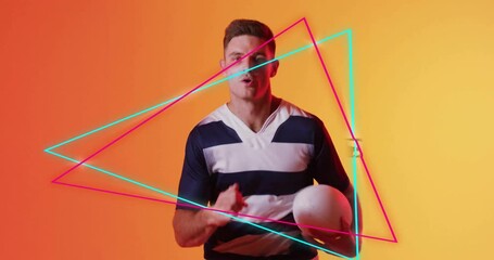 Athlete speaking to camera while activating neon outlines for sports training showing rugby posture - Powered by Adobe