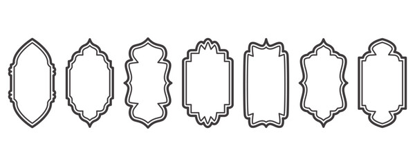 Ramadan frame shapes. Window Arabic arc outline elements. Door design with Turkish ornament. Muslim oriental sticker template. Traditional decoration set for banner and badge.