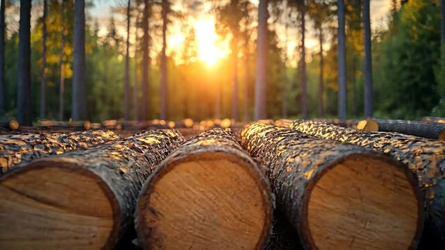 Tranquil Forest Clearing at Sunset with Fallen Trees and Golden Sun Rays