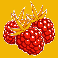 Three stylized raspberries with leaves on a yellow background pop art style
