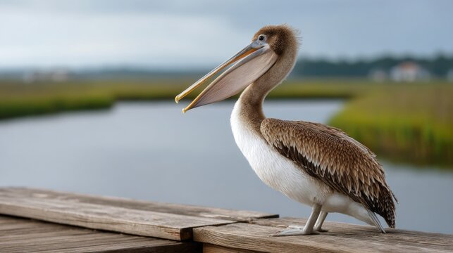 Close-up of a pelican with its beak wide open at the end of a wooden dock