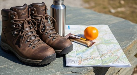 Hiking essentials: brown boots, map, water bottle, protein bar, orange on stone