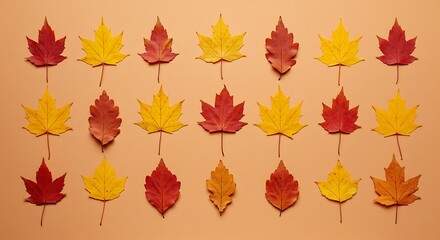 Fototapeta premium Colorful Autumn Leaves Pattern Red and Yellow on Tan Background