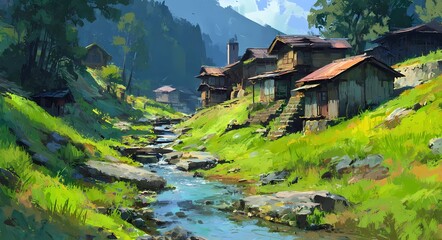 Anime-style concept art of old Japanese village in mountains with wooden houses and stream, digital painting