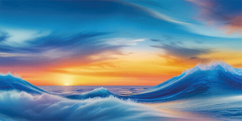 Blue Watercolor Scenery Depicting Horizon Where Sea Touches the Sky with Faded Gradient Textures. Digital Background in Ocean Blue and Sky Tint Watercolors with Lightness and Flowing Artistic Forms
