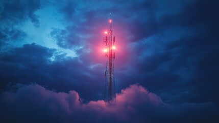 A glowing 6G tower transmitting ultra-fast internet signals
