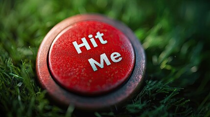 Close-up of a red 'hit me' button on green grass