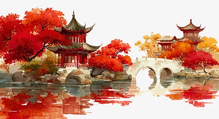 Chinese traditional art landscape with pavilions, red autumn trees, white bridge, ink and watercolor style