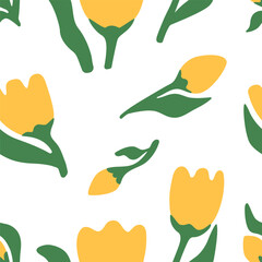 Seamless vector pattern of yellow tulips and green leaves on a white background in a flat minimalist style