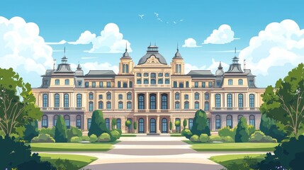 Fototapeta premium Colorful illustration of a grand historical building surrounded by greenery and blue skies.