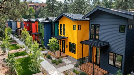 Row of modern colorful houses with landscaped yards