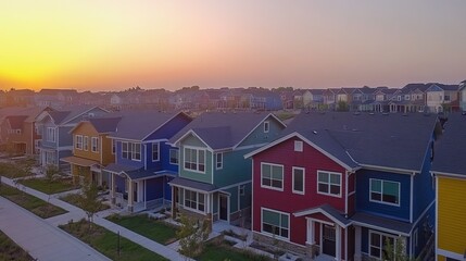 Aerial view of colorful houses in a suburban neighborhood at sunset