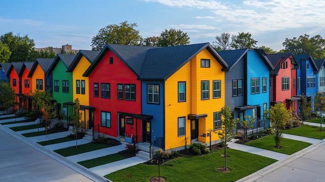 Row of colorful townhouses with black roofs and green lawns