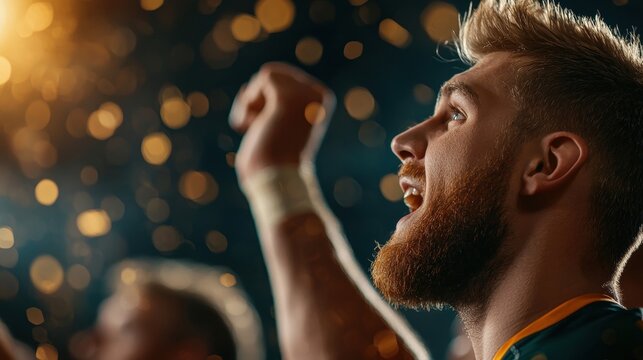 Winning Rugby team celebrating their win, jumping in the air with excitement after the final whistle.