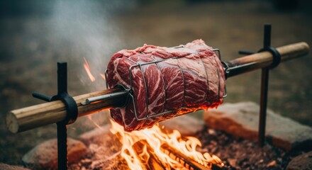 Juicy roast beef on spit over open flame in outdoor setting