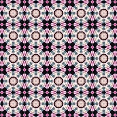 Floral kaleidoscope of pink and gray blossoms arranged in a symmetrical, repeating design seamless pattern