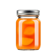 A glass jar filled with vibrant orange watermelon jam, featuring translucent fruit pieces suspended in a glossy syrup. Sealed with a metallic lid, it delivers a sweet, refreshing flavor