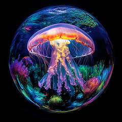 Glowing jellyfish swimming through vibrant coral reef ocean wildlife photography underwater close-up marine life