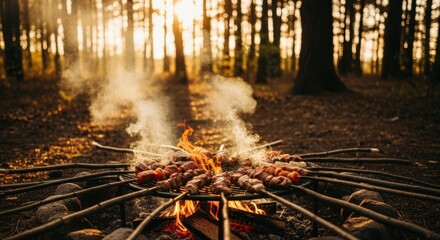 Outdoor campfire cooking with kebabs in forest at sunset