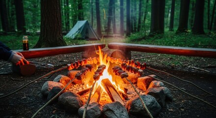 Outdoor camping with skewered sausages roasting over campfire in forest setting