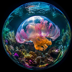 Jellyfish swimming gracefully in vibrant coral reef underwater scene marine life ocean environment close-up view