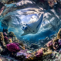 Manta ray swimming above vibrant coral reef great barrier reef underwater photography marine environment wide angle ocean life