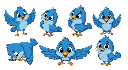 A Group of Cute Cartoon Blue Birds with Different Poses and Expressions In Nature