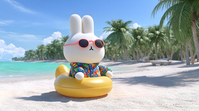 Lustiger wei&szlig;er Comic-Hase mit Sonnenbrille und Hawaiihemd im Schwimmring am Strand
