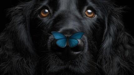 Black dog with soulful eyes, close-up portrait showcasing fur texture, evokes warmth and companionship, copy-space available.