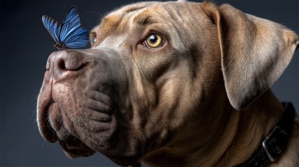 Dog contemplating butterfly, large brown dog gazing upward with a butterfly perched on its nose, serene atmosphere, playful interaction.