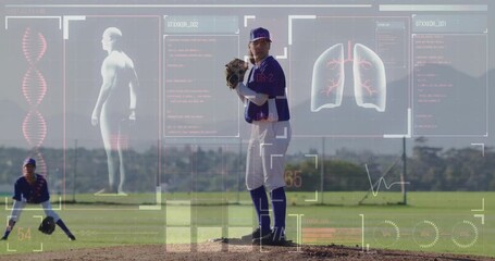 Right-handed pitcher lifting leg and coiling torso causing sports analytics panels updating vitals - Powered by Adobe
