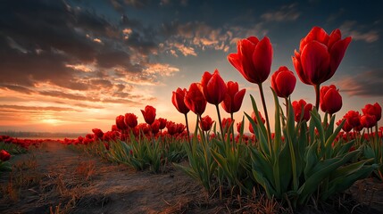 Vibrant tulip field at sunset, lush red blossoms under a dramatic sky, perfect for nature-themed projects or backgrounds.