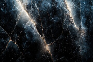 Dark, veined stone surface with glowing cracks, exhibiting a dramatic contrast of deep blues and golds.  The texture is rough and natural