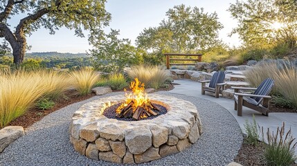 Outdoor stone fire pit with burning wood, adirondack chairs, and landscaped surroundings
